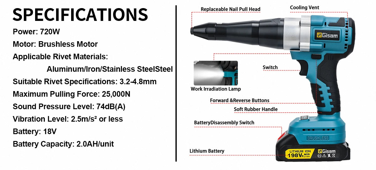 Makita compatible 18V Gisam 25000N Brushless 18V Electric Rivet Gun Cordless Rivet Nut Gun Drill Insert Automatic Riveting Tool For Makita 18V Battery Pin
