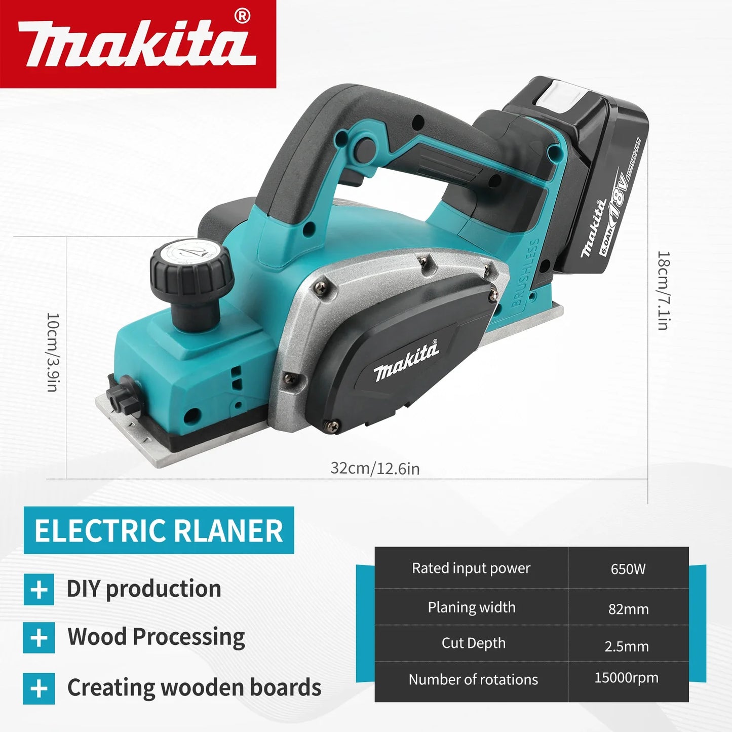 Makita 18V Electric Planer 82mm Planning Width,15000rpm,650W Power,2.5mmCut Depth, Ergonomic Handle for DIY Woodworking&Board Creation