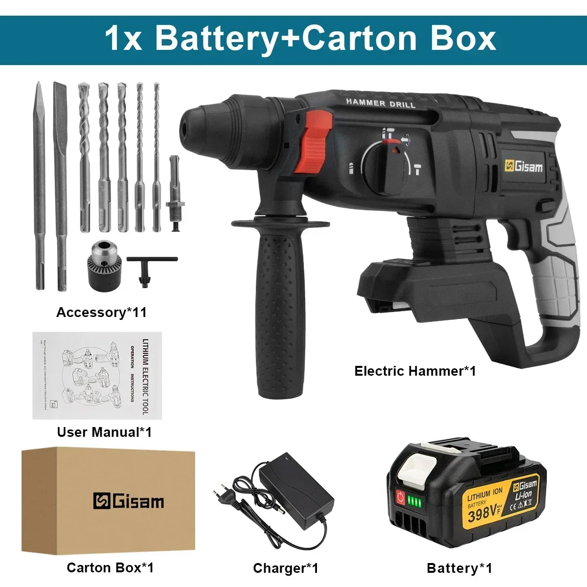 Gisam JV Brushless Electric Hammer Drill 26MM Multifunctional Cordless Rechargeable Screwdriver Tool For Makita 18V Battery Pins