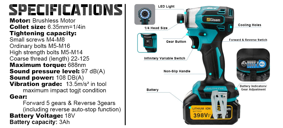 Makita 18V compatible Gisam 688N.m 1/4'' Brushless Electric Screwdriver Cordless Screwdriver Electric Drill Impact Driver Kit for Makita 18V Battery Pin