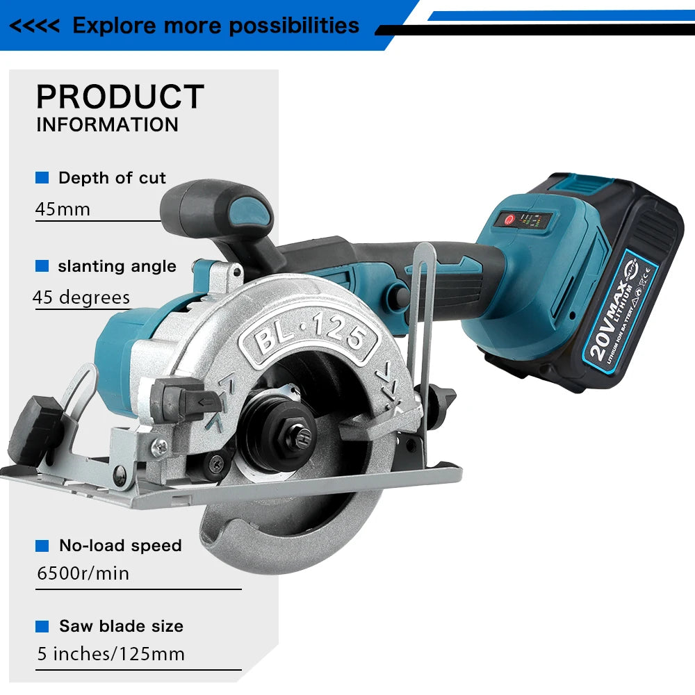 Makita Compatible 18V JV Brushless Circular Saw 125mm Cordless Electric Saw Adjustable Wood Cuttiing Machine Handheld Woodworking Saw for Makita Battery
