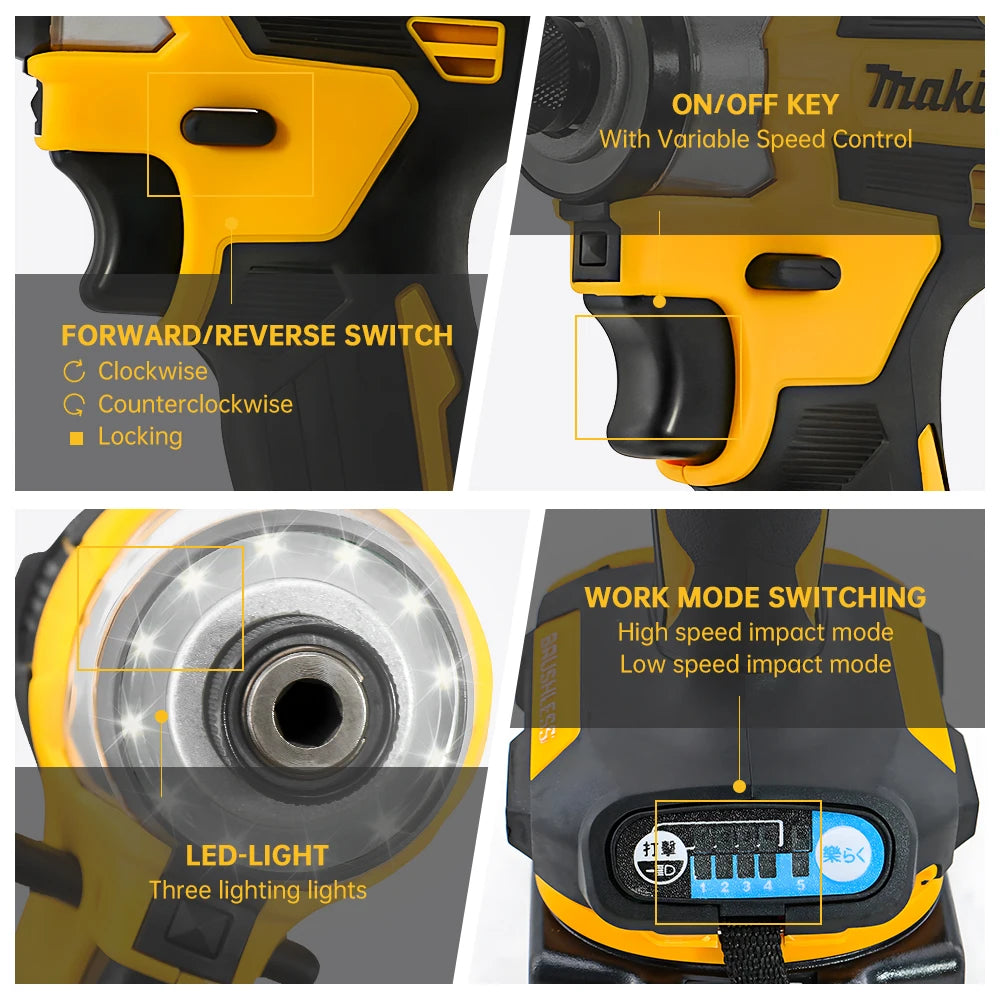 Makita DTD173 18V Yellow 180Nm Cordless Brushless Impact Driver with LED Light Multi-Function Electric Screwdriver for Household Use