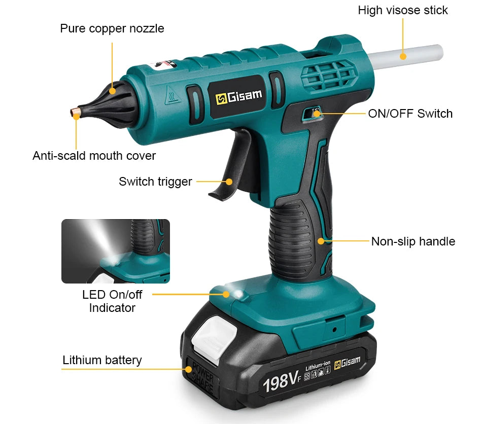 Makita compatible 18V Gisam Electric Hot Glue Gun with 2x batteries Cordless Heat Gun Battery Hot Silicone Gun DIY Hand Tool for Makita 18V Battery with 10 Hot Melt Adhesive