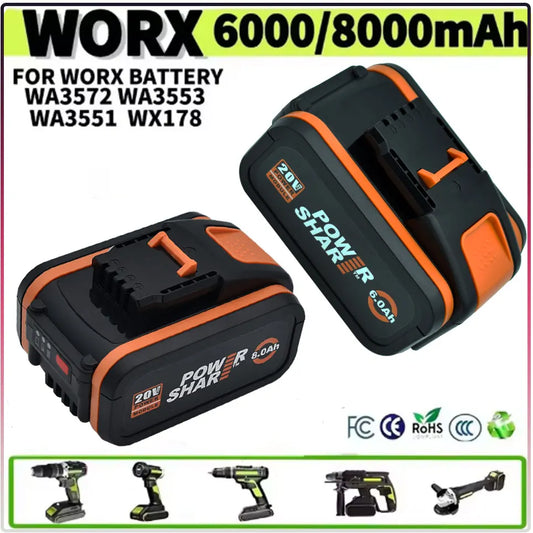Worx 20V 6.0Ah and 8.0Ah Lithium battery Rechargeable WA3553 WA3551 WA3553.1 WA3570 for All WORX Electric and Garden Tools