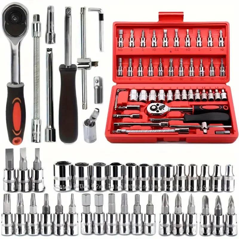 Socket set 46-piece set 1/4 ratchet wrench with hexagonal sleeve wrench set Automobile repair tool complete set Quick tool Quick repair