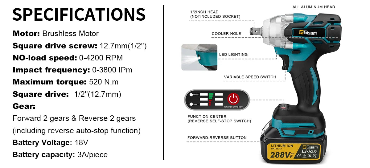 Makita 18V compatible Gisam 520N.M Brushless Electric Impact Wrench Cordless Electric Wrench 1/2inch for Makita 18V Battery Pin Screwdriver Power Tool