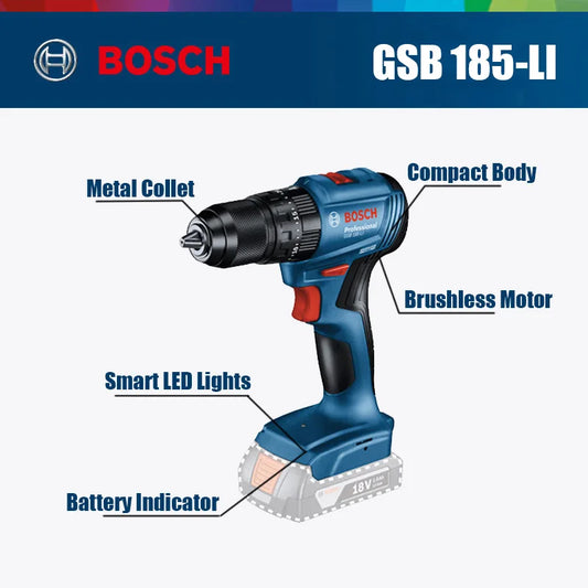 Bosch GSB 185-LI 18V Brushless Cordless Impact Drill 1900RPM Multifunctional Electric Screwdriver Power Tools Rotary Tool