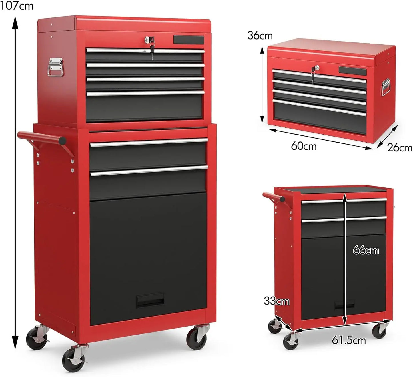 Tool Chest 2-In-1 6-Drawer Rolling Tool Chest, Lockable Tool Box and Storage Cabinet, Removable Toolbox Organizer for Garage, Factory, Wor