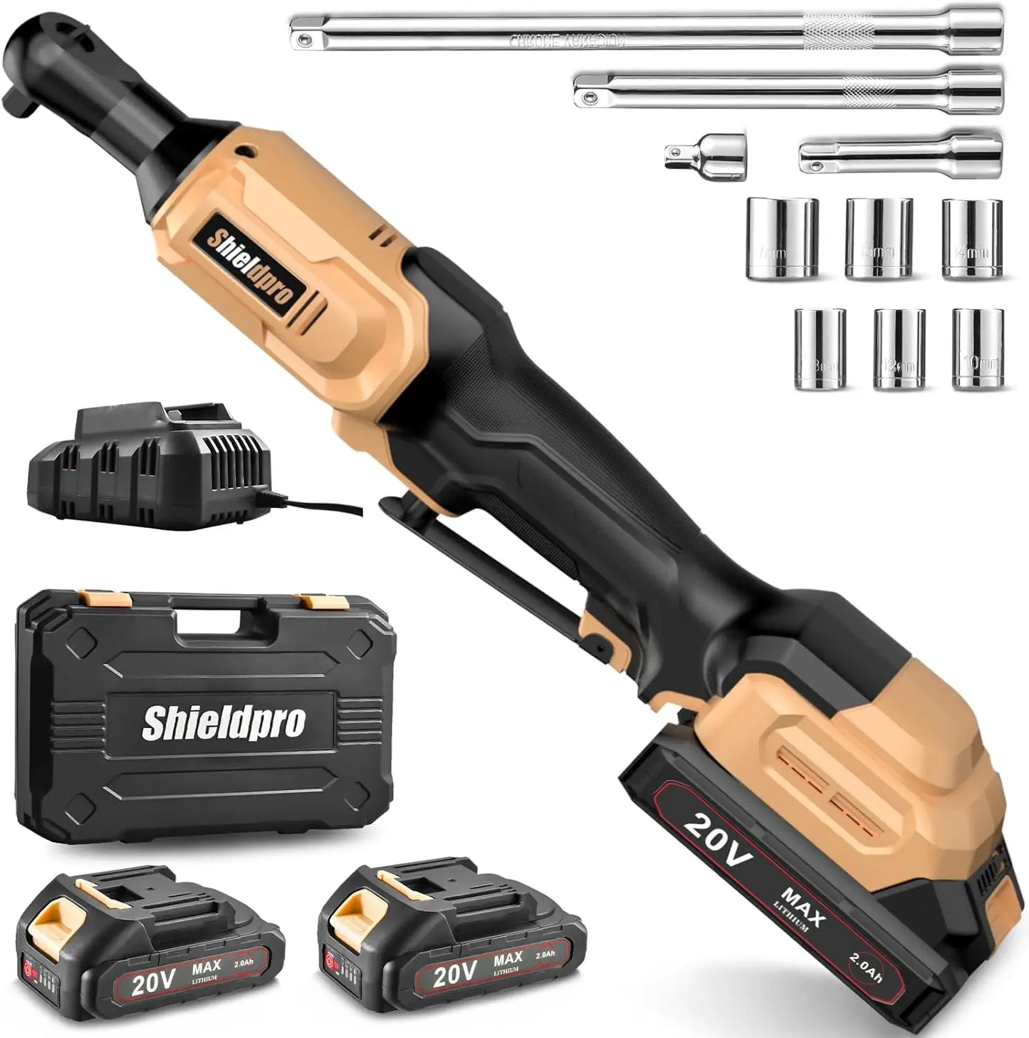3/8" Cordless Ratchet Wrench Set, 20V Brushless Electric Ratchet Kit, 400RPM 45Ft-lbs Battery powered Ratchet with LED Light,