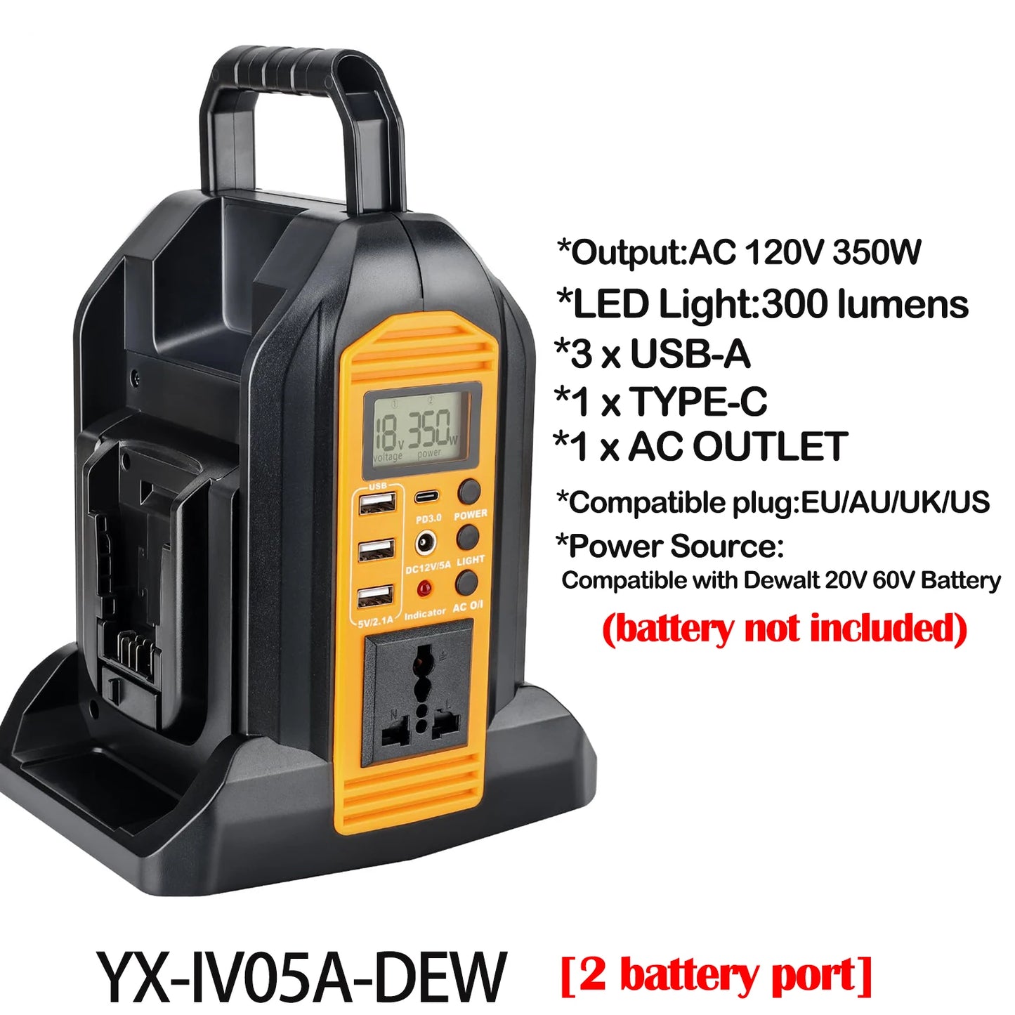 DeWalt Compatible 18V 20V Max JV 350W Output Portable Inverter for Dewalt 20V Max Battery Power Supply Source to AC 120V/220-230V Converter for Camping Emergency