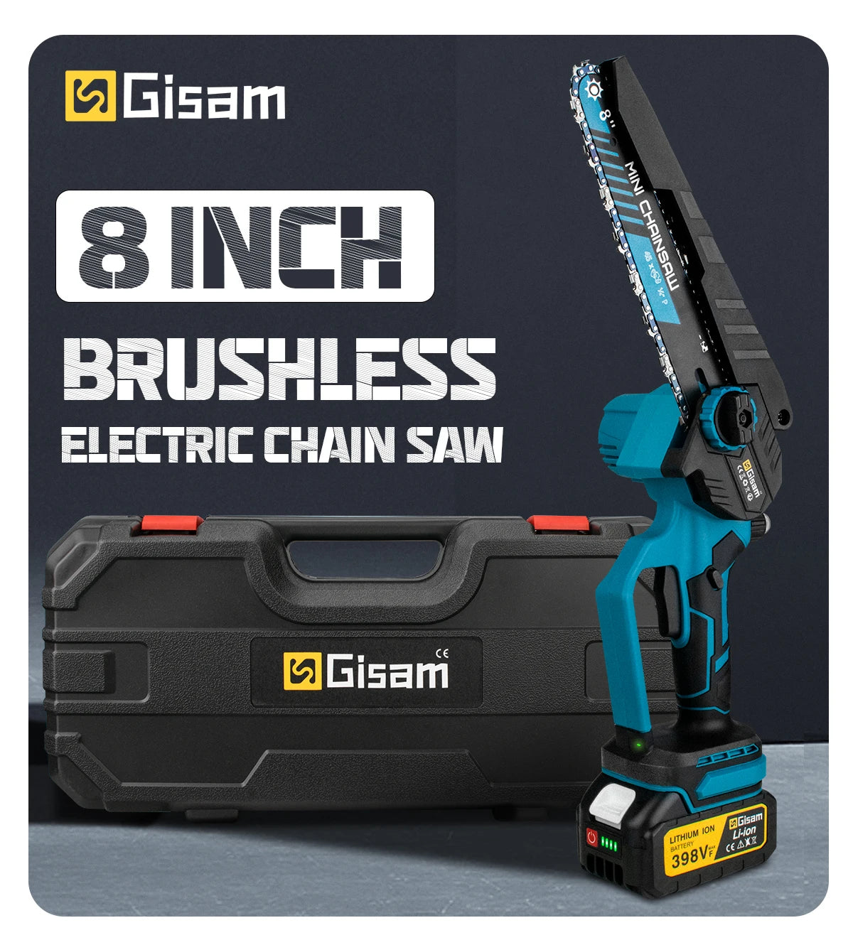 Makita Compatible 18V Gisam 8 Inch Brushless Electric Chainsaw Cordless Electric Saw Woodworking Garden Pruning Saw Tool For Makita 18V Battery Pins