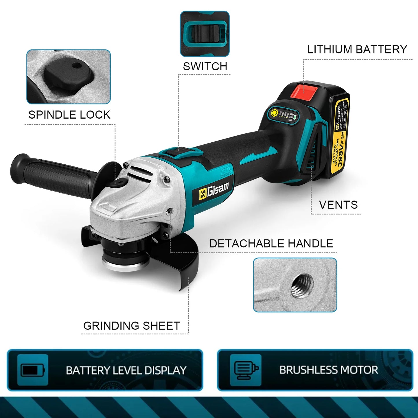Makita 18V compatible Gisam 125mm M14 Brushless Angle Grinder Cutting Machine Cordless Electric Angle Grinder Power Tools for Makita 18V Battery Pins
