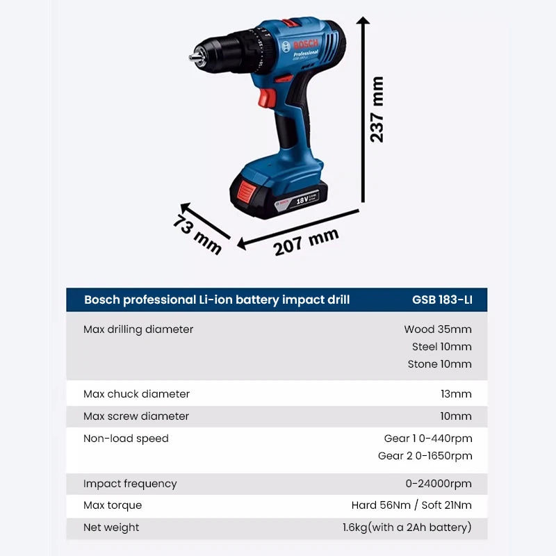 Bosch GSB 18V-183 Li Professional Cordless Combi with 2.0Ah battery