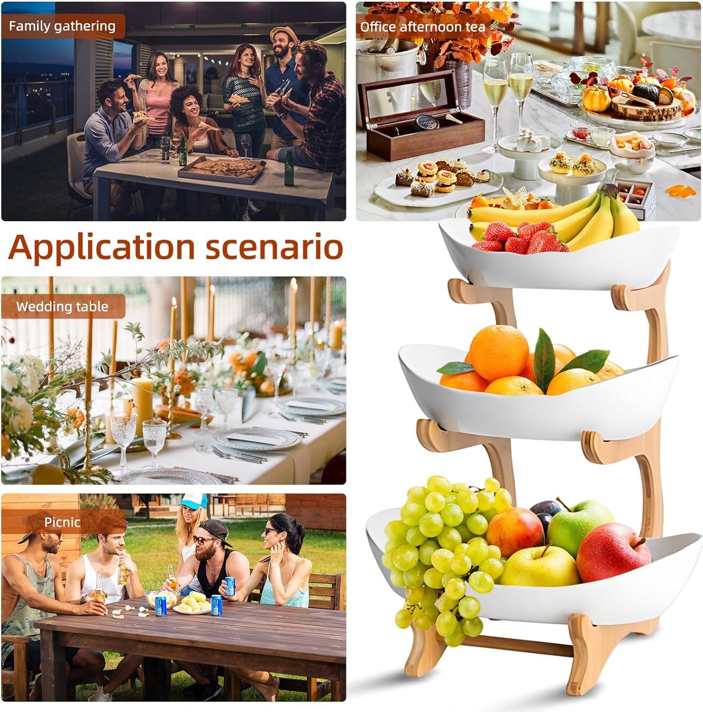 CARLA HOME 3-Tier Ceramic Fruit Bowl Basket with Bamboo Stand for Kitchen Counter, Snack Tray, Dessert Server & Vegetable Storage Rack