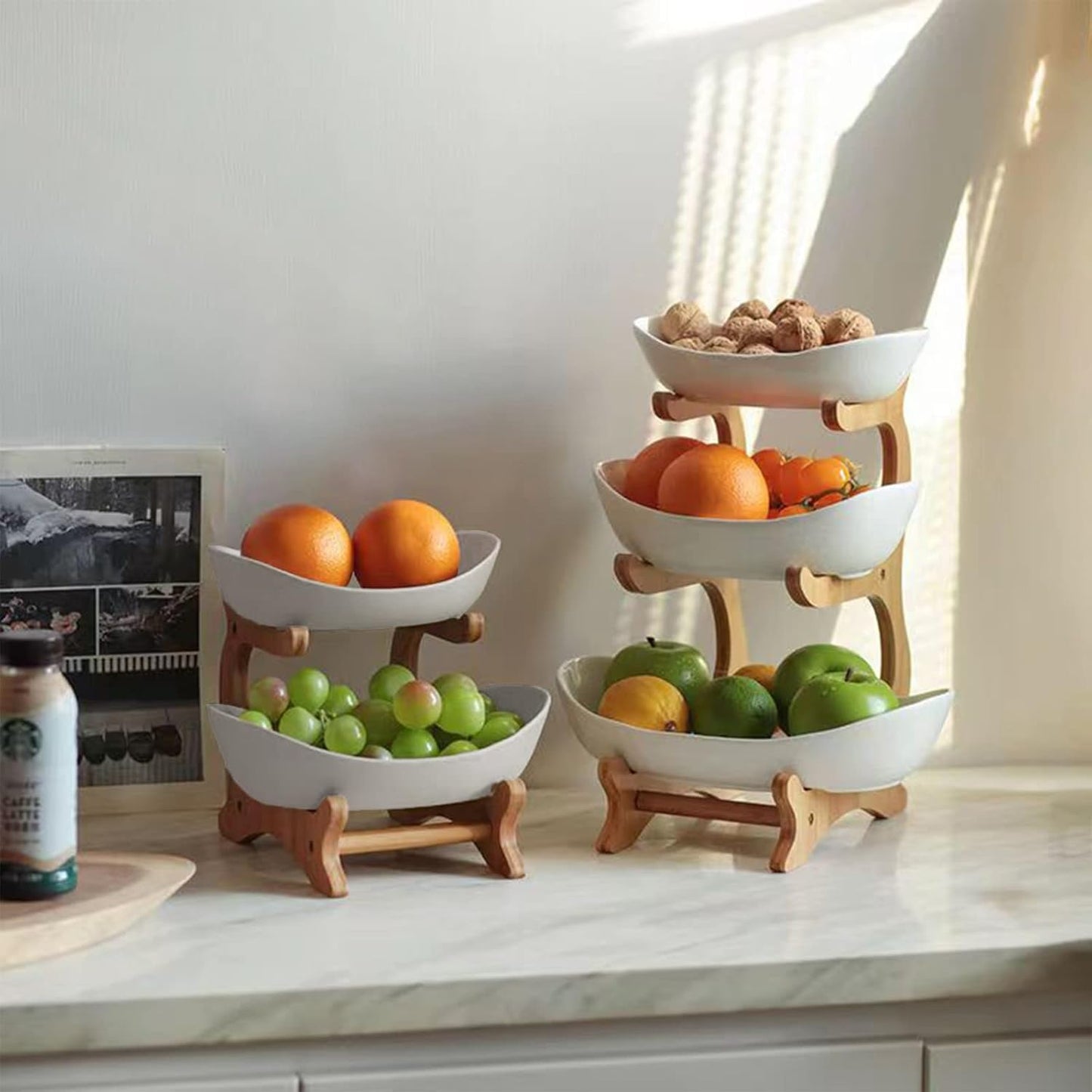 CARLA HOME 2-Tier Ceramic Fruit Bowl Basket with Bamboo Stand for Kitchen Counter, Snack Tray, Dessert Server & Vegetable Storage Rack