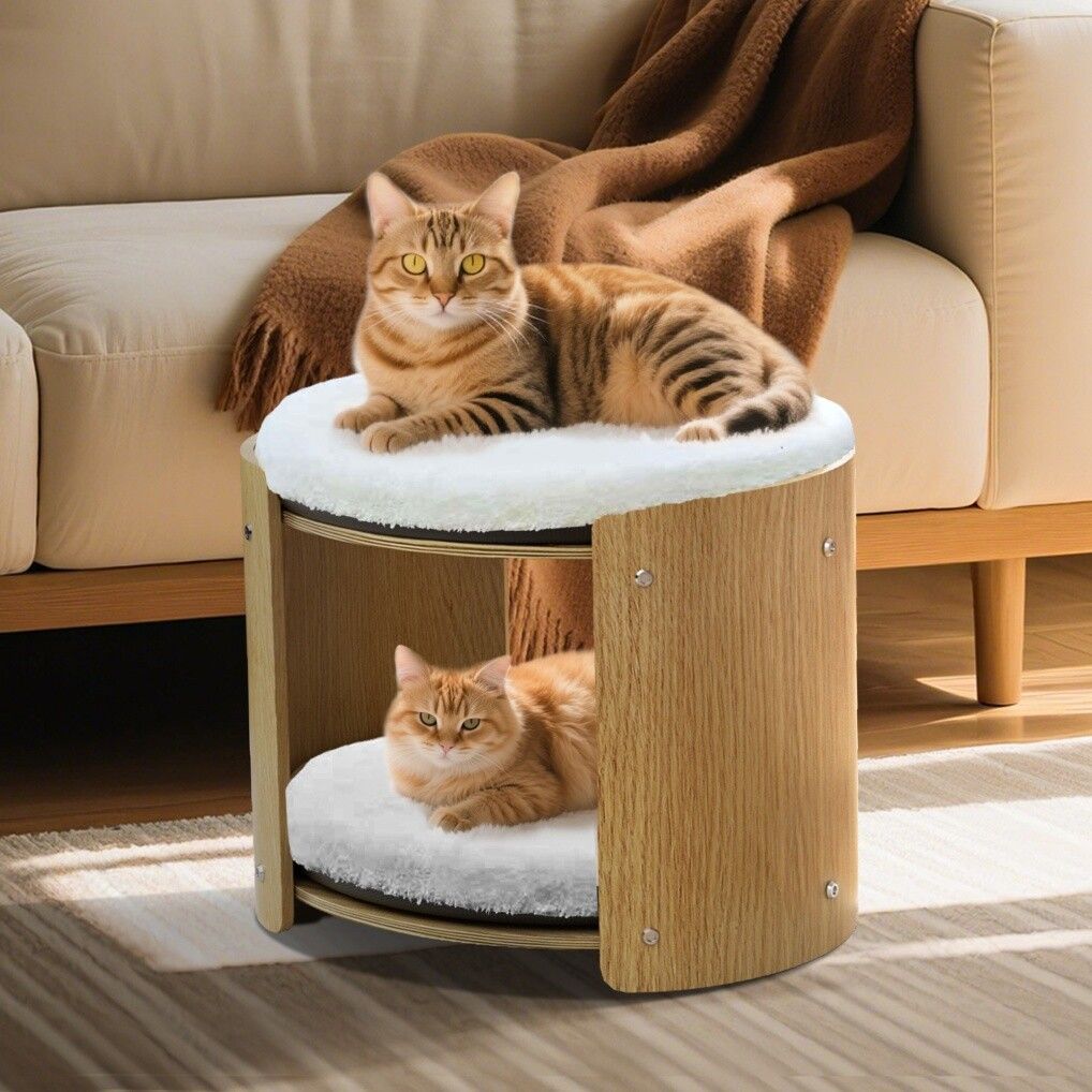 Elevated Double pet Cat Bed 2-Tier Wooden Plush Kitten Lounge