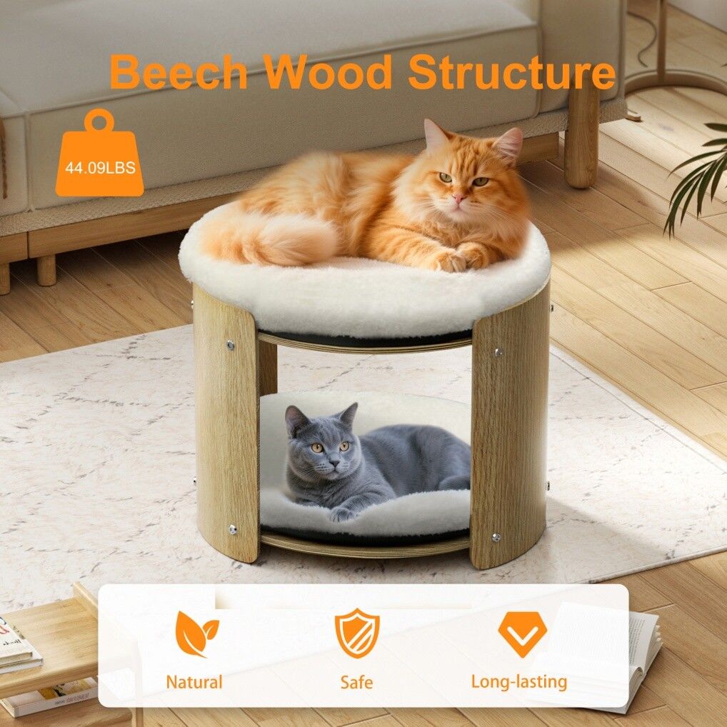 Elevated Double pet Cat Bed 2-Tier Wooden Plush Kitten Lounge