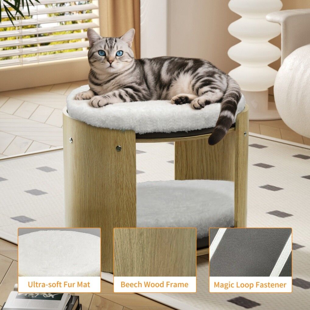 Elevated Double pet Cat Bed 2-Tier Wooden Plush Kitten Lounge