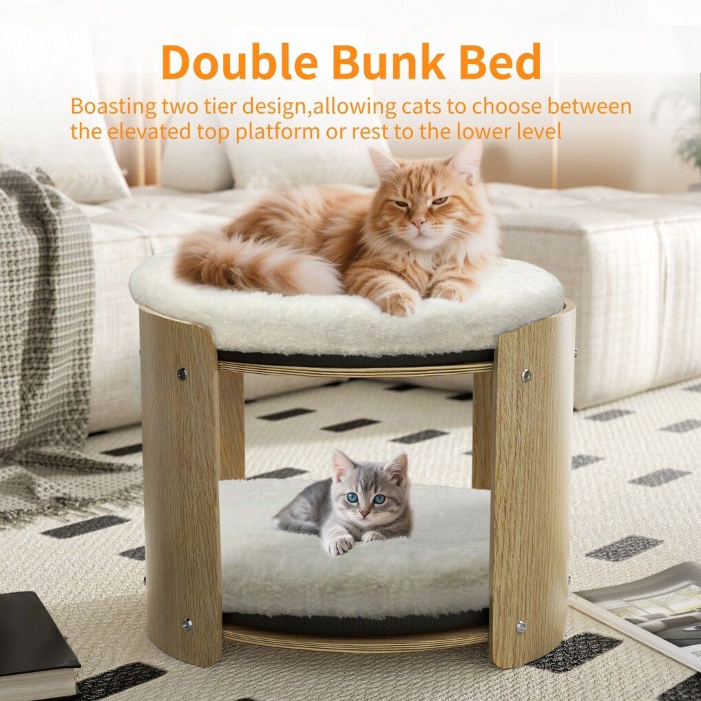 Elevated Double pet Cat Bed 2-Tier Wooden Plush Kitten Lounge
