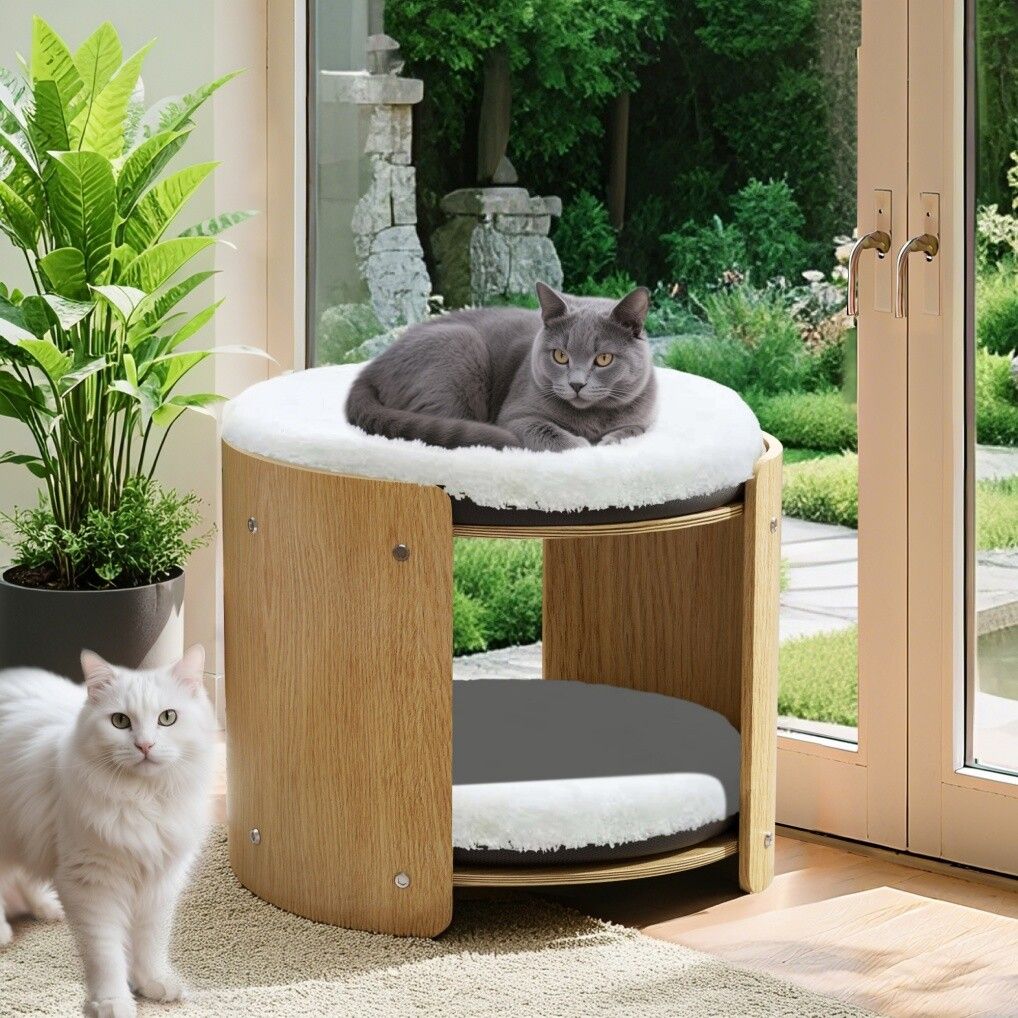 Elevated Double pet Cat Bed 2-Tier Wooden Plush Kitten Lounge