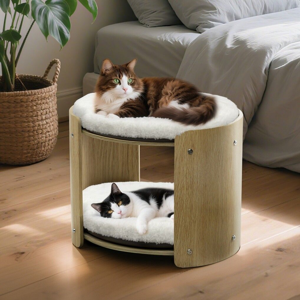 Elevated Double pet Cat Bed 2-Tier Wooden Plush Kitten Lounge