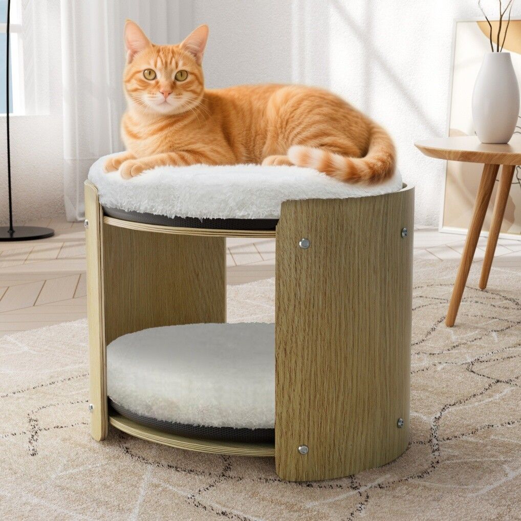 Elevated Double pet Cat Bed 2-Tier Wooden Plush Kitten Lounge