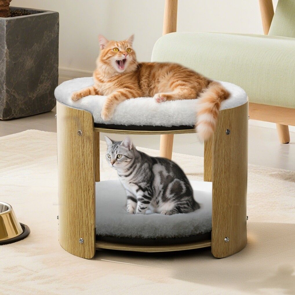 Elevated Double pet Cat Bed 2-Tier Wooden Plush Kitten Lounge