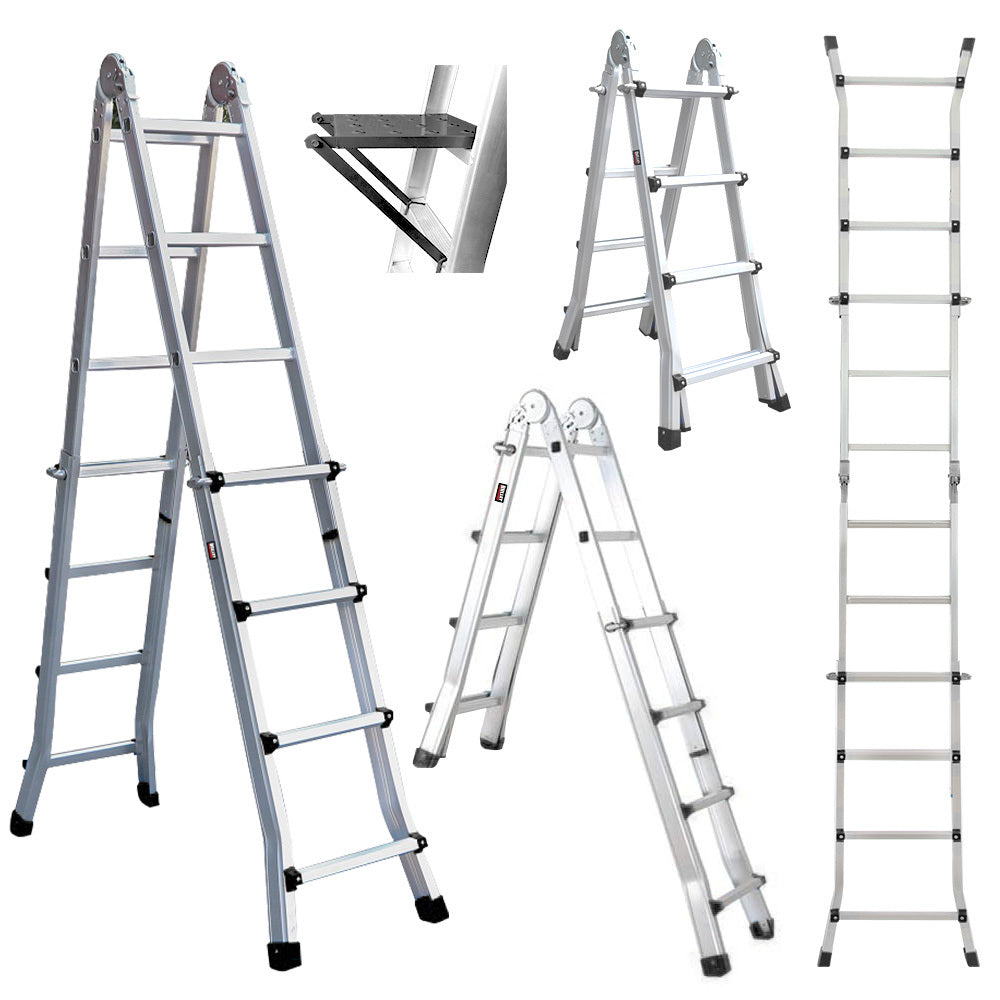 Bullet 4m Folding Aluminium Multipurpose Ladder, w/ Workshelf Platform, Spring Assisted Rapid Safety Lock Adjusters.