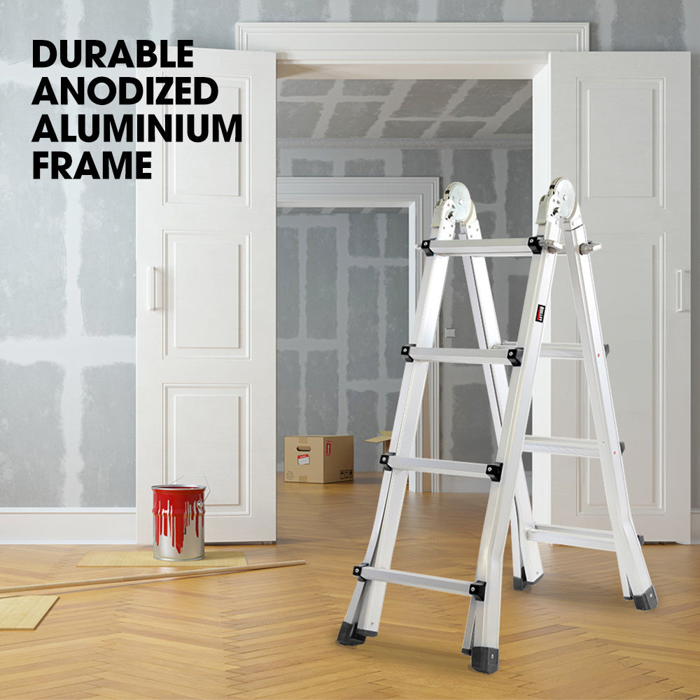 Bullet 4m Folding Aluminium Multipurpose Ladder, w/ Workshelf Platform, Spring Assisted Rapid Safety Lock Adjusters.