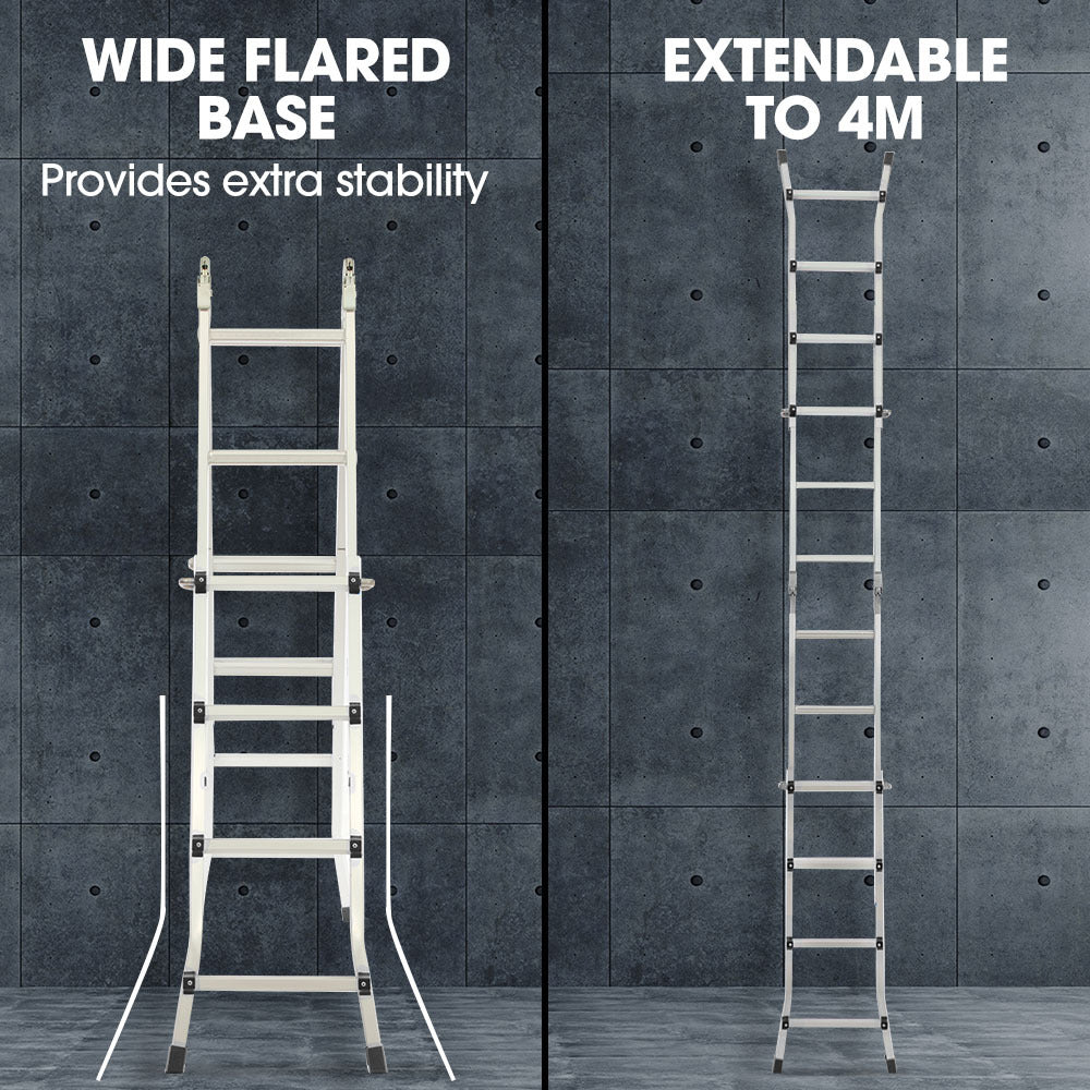 Bullet 4m Folding Aluminium Multipurpose Ladder, w/ Workshelf Platform, Spring Assisted Rapid Safety Lock Adjusters.