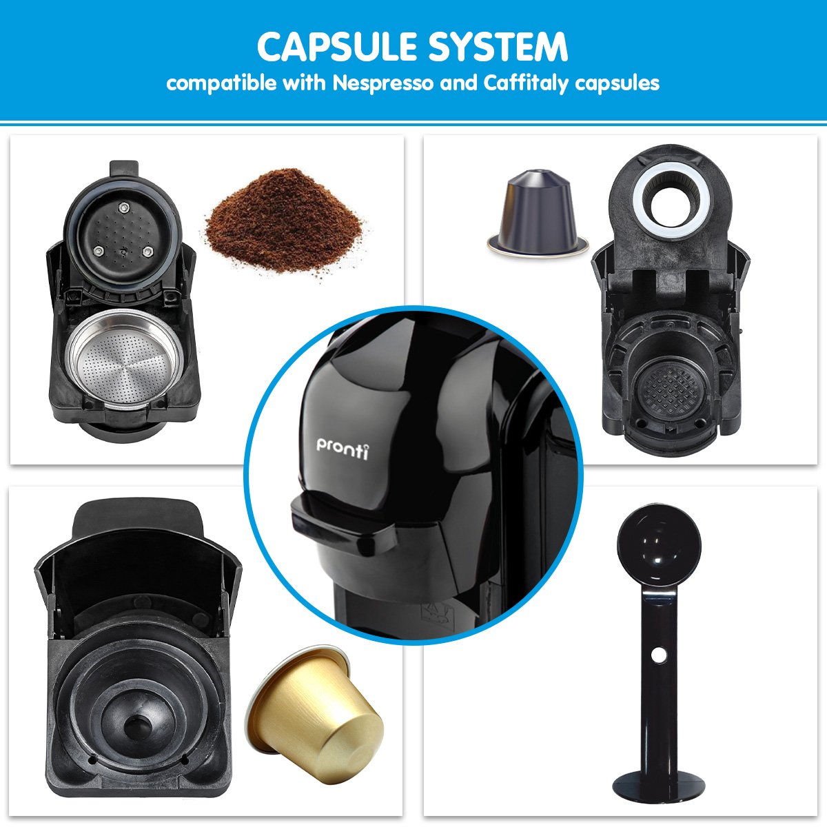 Coffee Machine Nespresso Pronti HomeMaid 3-in-1 Multi-Capsule Pods and Ground Coffee Nespresso & Caffitaly Compatible CM-511HM