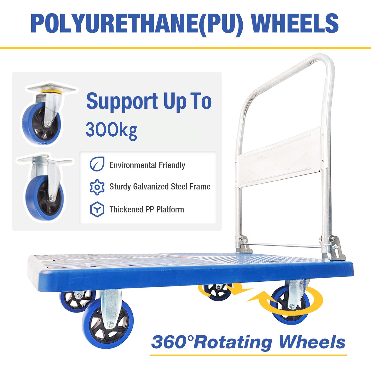 300kg Foldable Warehouse Platform Trolley, Flatbed Truck Dolly Platform Cart with Swivel Wheels.