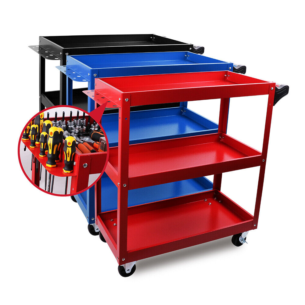 Blue 3-Tier Tool Cart Trolley Toolbox for Workshop or Garage Storage, 150KG capacity.