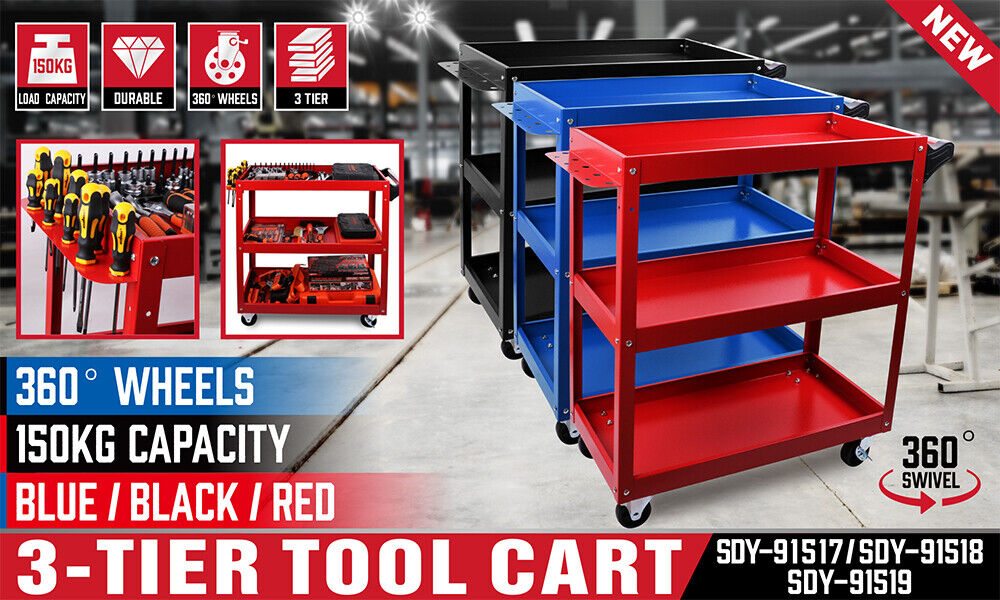 Blue 3-Tier Tool Cart Trolley Toolbox for Workshop or Garage Storage, 150KG capacity.