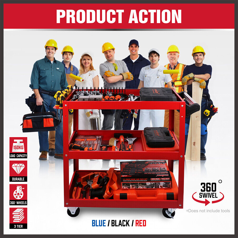 Blue 3-Tier Tool Cart Trolley Toolbox for Workshop or Garage Storage, 150KG capacity.