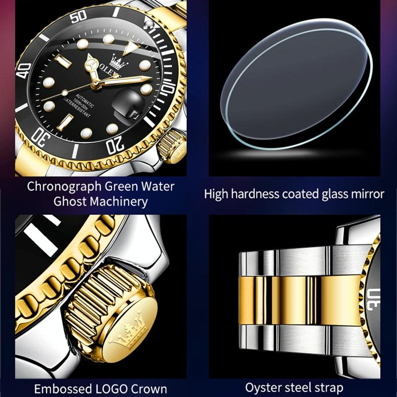 OLVES Watch Waterproof Mechanical Watch for Men with Luminous Dial - Blue + Gold