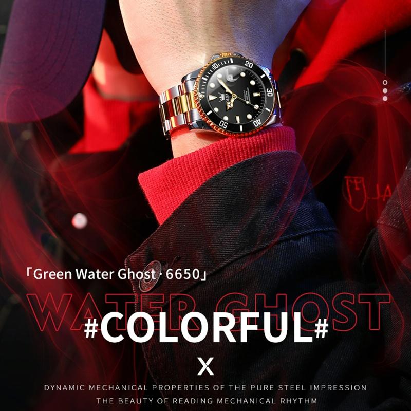 OLVES Watch Waterproof Mechanical Watch for Men with Luminous Dial - Blue + Gold