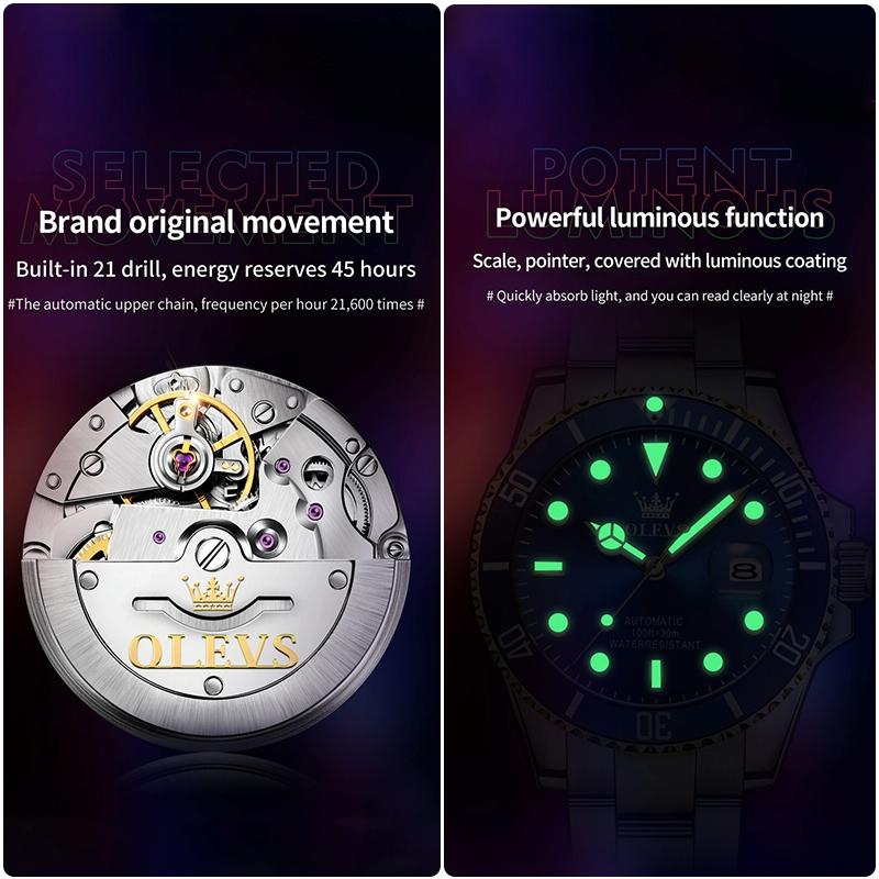 OLVES Watch Waterproof Mechanical Watch for Men with Luminous Dial - Blue + Gold