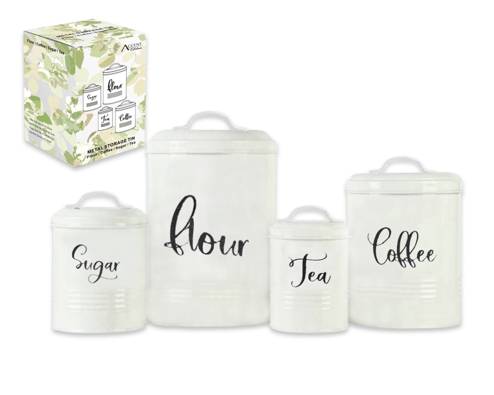 Kitchen Tin Set x4 Metal Kitchen Tin Sugar Flower Tea Coffee Food Container 25cm