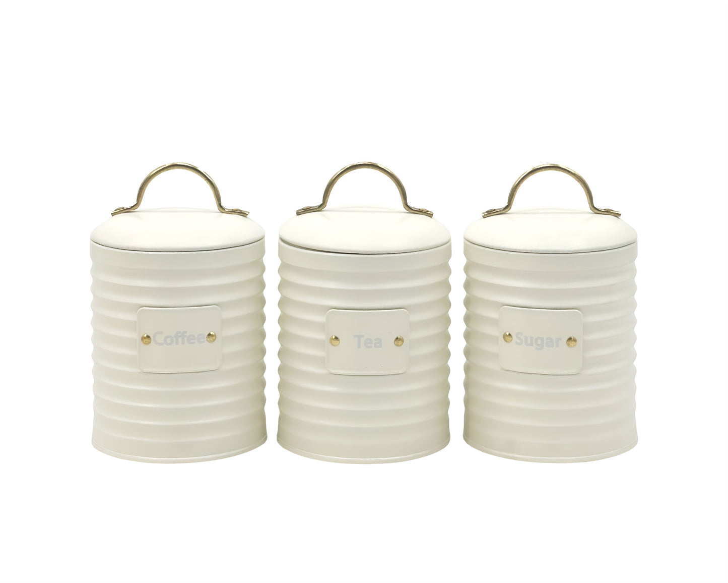Kitchen Tin Set x3 Corrugated Metal Coffee Tea Sugar Storage Tins 10x17cm