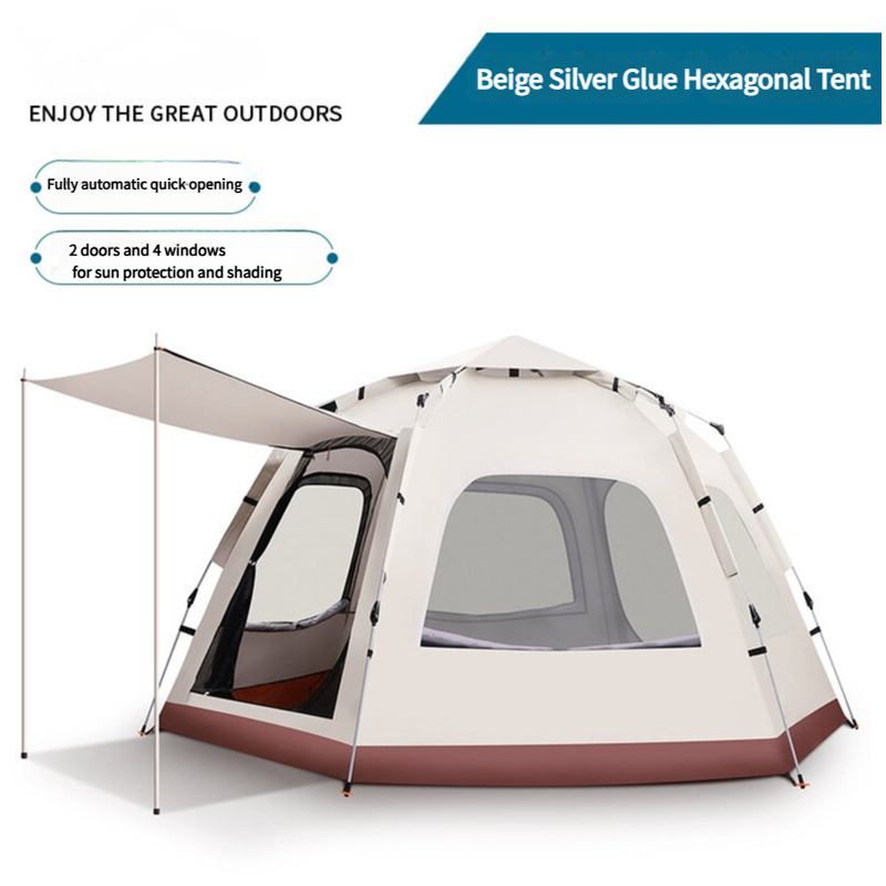 Tent 5-8 Person Hexagonal Camping Tent | Double-Layer Silver Coated Waterproof Shelter with Awning (280*280*158cm)