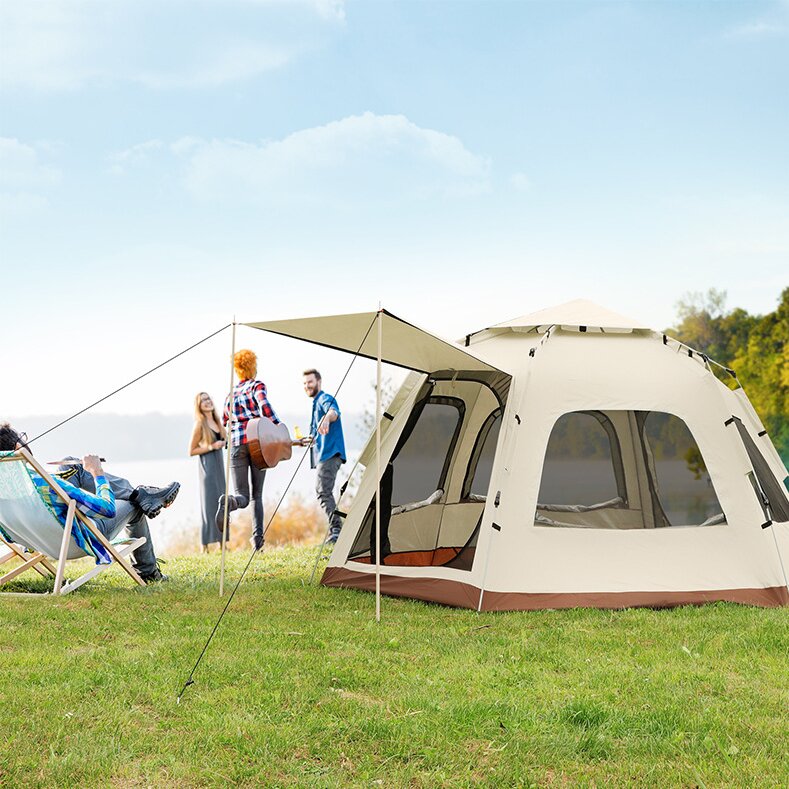 Tent 5-8 Person Square Camping Tent | Double-Layer Silver Coated Waterproof Shelter with Awning (240*240*155cm)