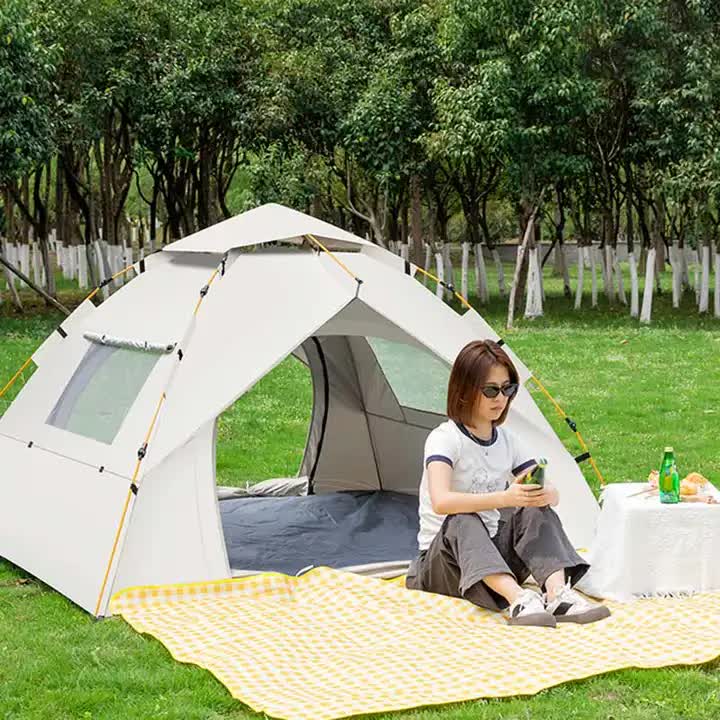 Tent Beige 3-4 Person Lightweight Camping Tent (210*200*135cm) | UV Protection Silver Coated, Dual Doors & Windows