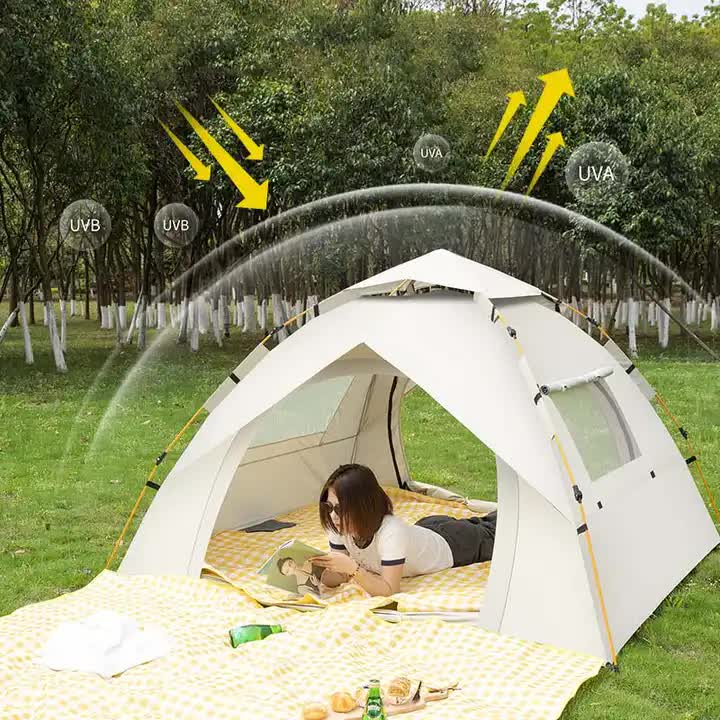 Tent Beige 3-4 Person Lightweight Camping Tent (210*200*135cm) | UV Protection Silver Coated, Dual Doors & Windows