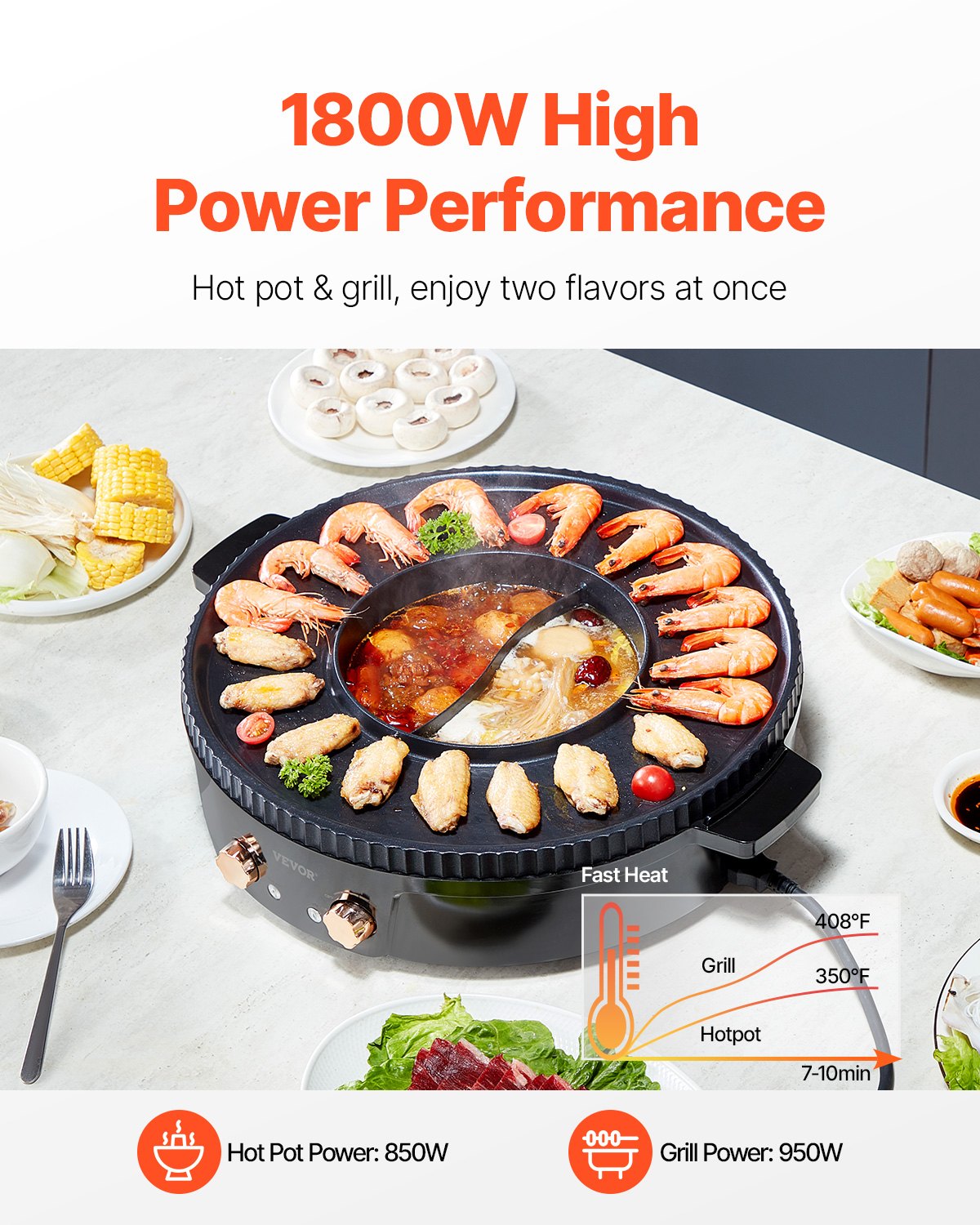 Hot Pot with Grill 1800W 2-in-1 Electric Smokeless Grill and Hot Pot VEVOR