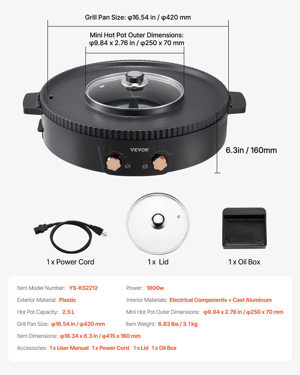 Hot Pot with Grill 1800W 2-in-1 Electric Smokeless Grill and Hot Pot VEVOR