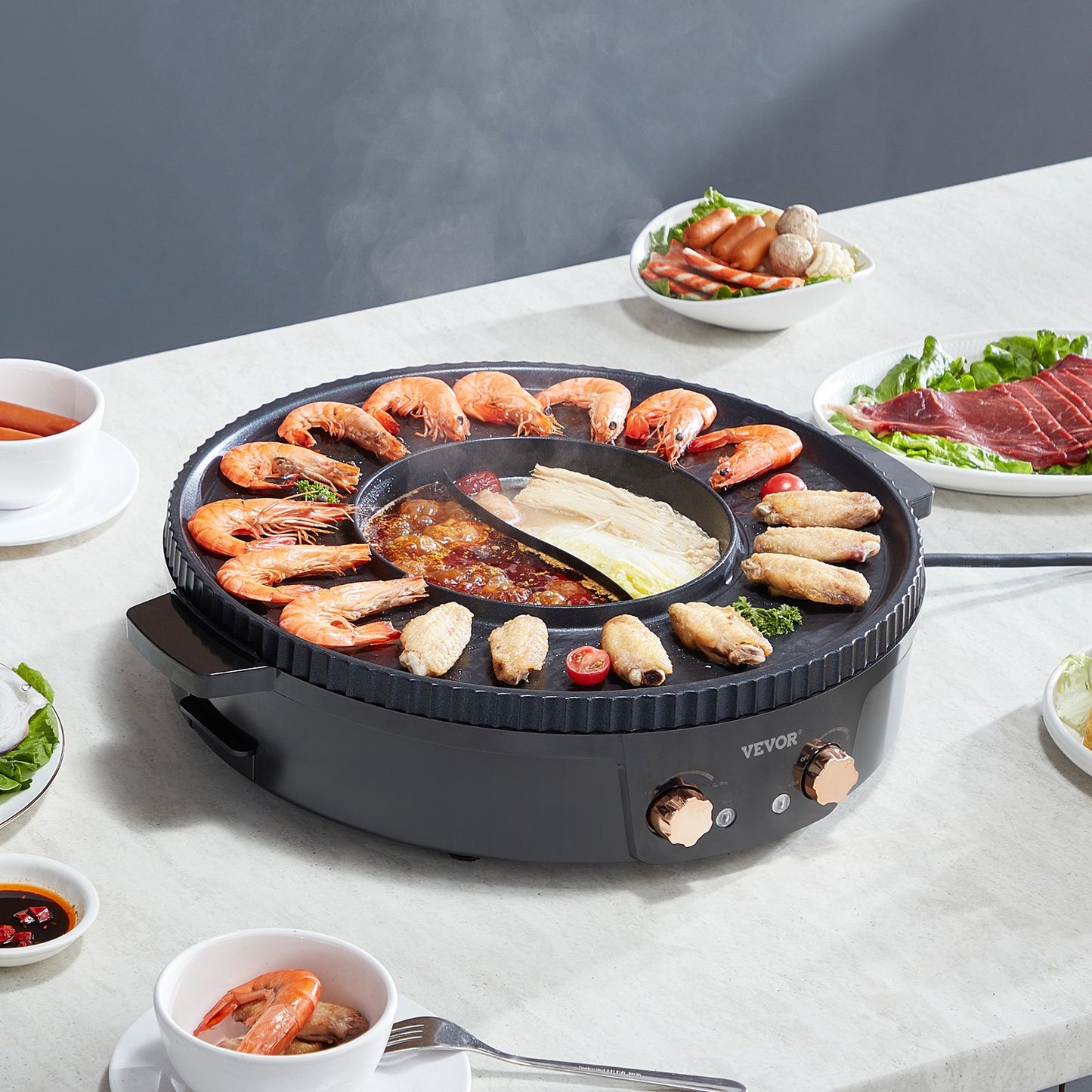 Hot Pot with Grill 1800W 2-in-1 Electric Smokeless Grill and Hot Pot VEVOR
