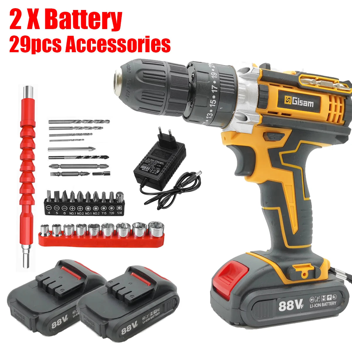 Makita Compatible 18V JV Gisam Cordless Impact Drill set with 2x batteries and charger Electric Screwdriver Rechargeable Handheld Hammer Drill Power Tool 25+3 Torque Driver Li-ion Battery