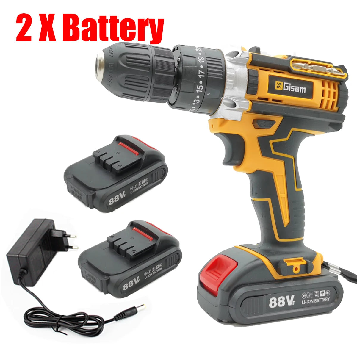 Makita Compatible 18V JV Gisam Cordless Impact Drill set with 2x batteries and charger Electric Screwdriver Rechargeable Handheld Hammer Drill Power Tool 25+3 Torque Driver Li-ion Battery