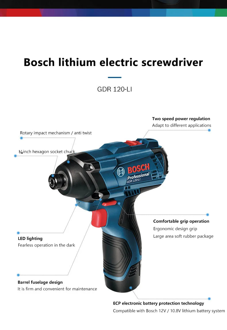 Bosch Impact Driver GDR 120-LI 12V Cordless Electric Drill Rechargeable Screwdriver 100N/m Impact Wrench Bosch Power Tools